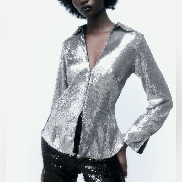 ZARA SEQUIN SHIRT TOP - Picture 6 of 15